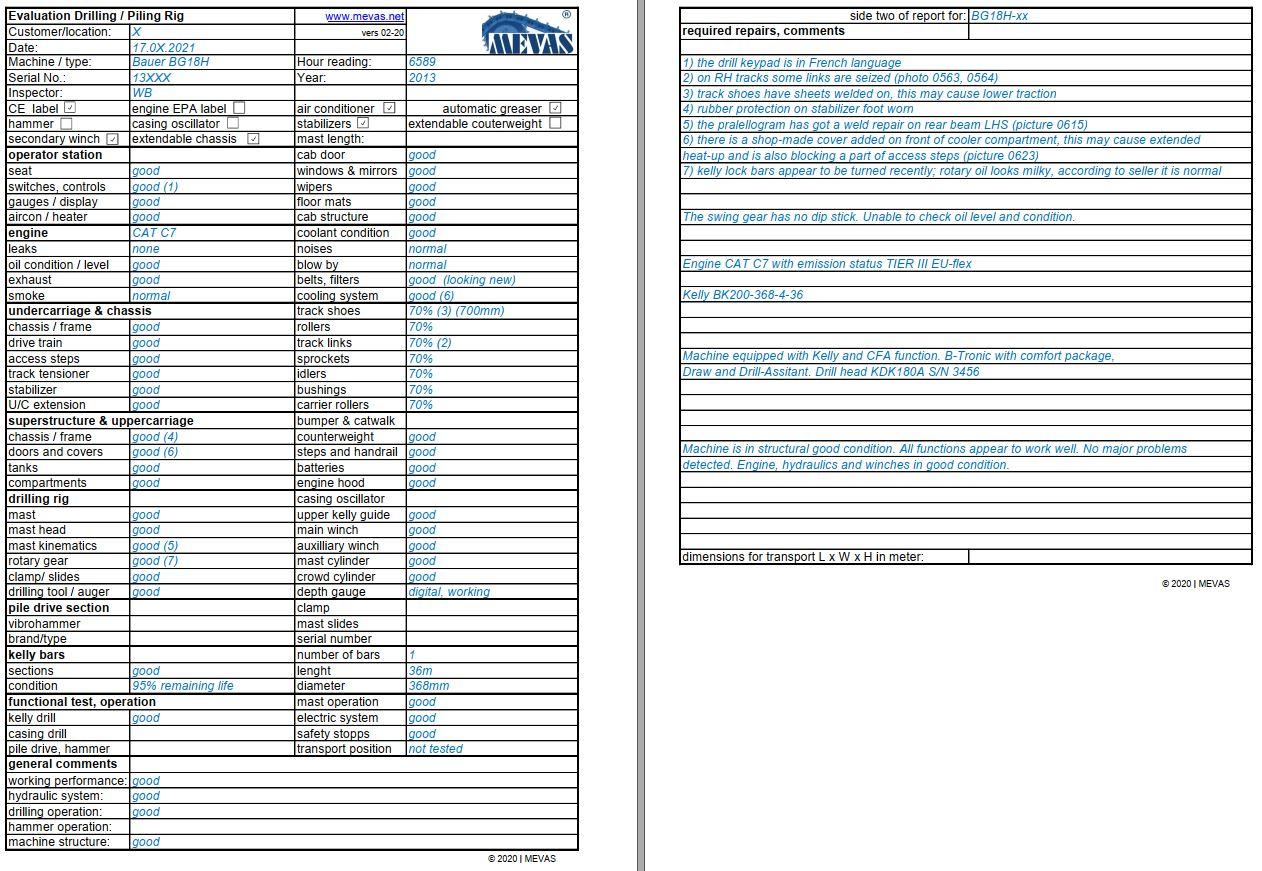 Drill Rig or Pile Driver inspection report