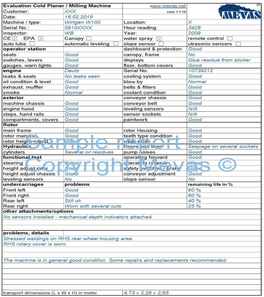 Checklist for Cold Planer or Milling Machine