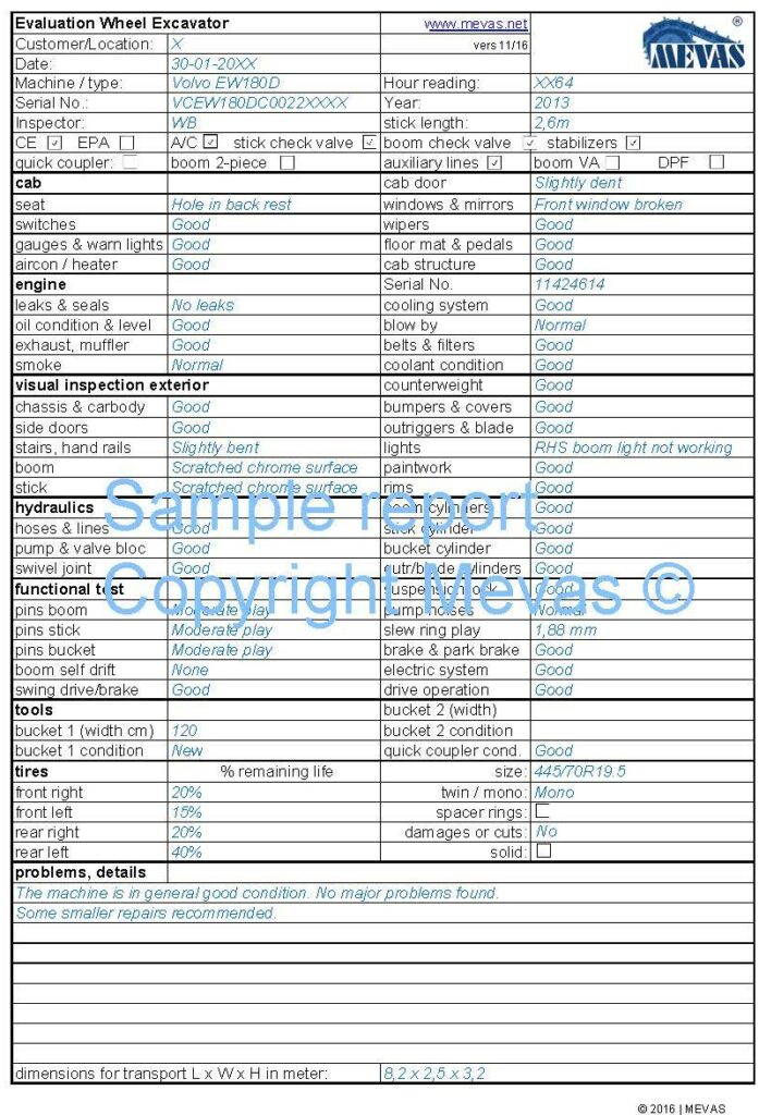 Mobile excavator checklist for inspection